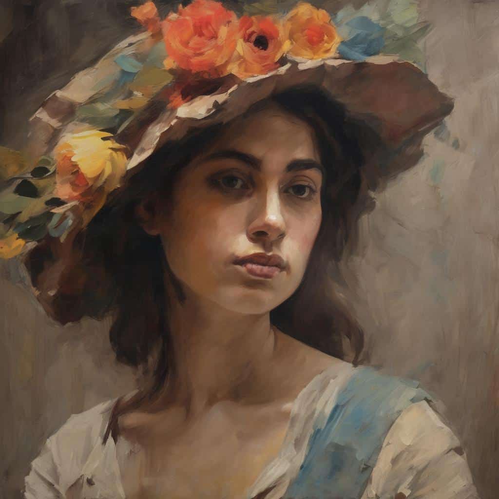 Ζυγός γυναίκα με καπέλο από λουλούδια, τολμηρή τέχνη, εμπνευσμένη από καλλιτέχνες που σπάνε τους κανόνες.